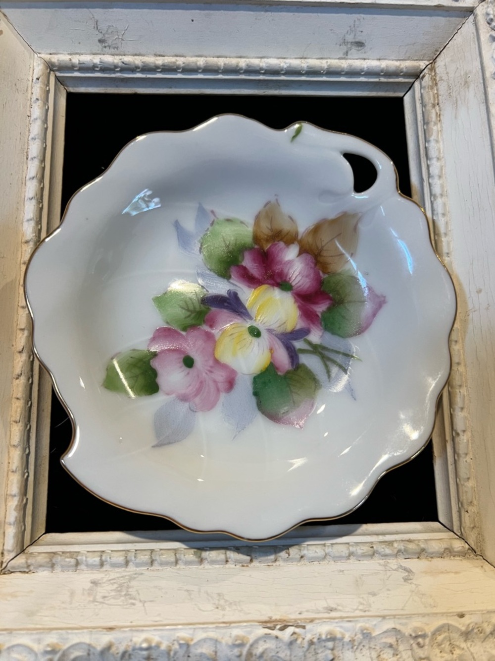 Hand-Painted Floral Porcelain Dish - Scalloped Gold Trim
